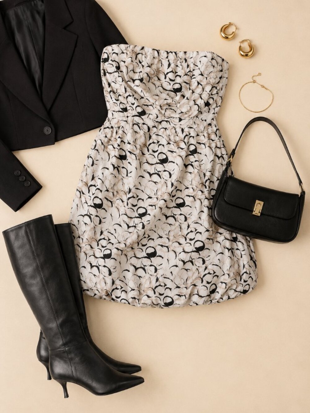 BCBGeneration Bubble Hem Mini Dress 10 Strapless Black White Abstract Cocktail Y